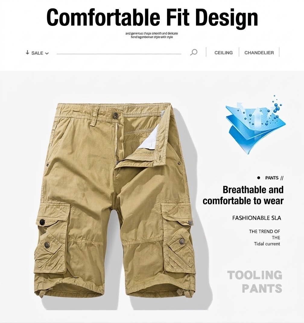 Pantalones cortos cargo casuales para hombre con múltiples bolsillos, ideales para actividades al aire libre.