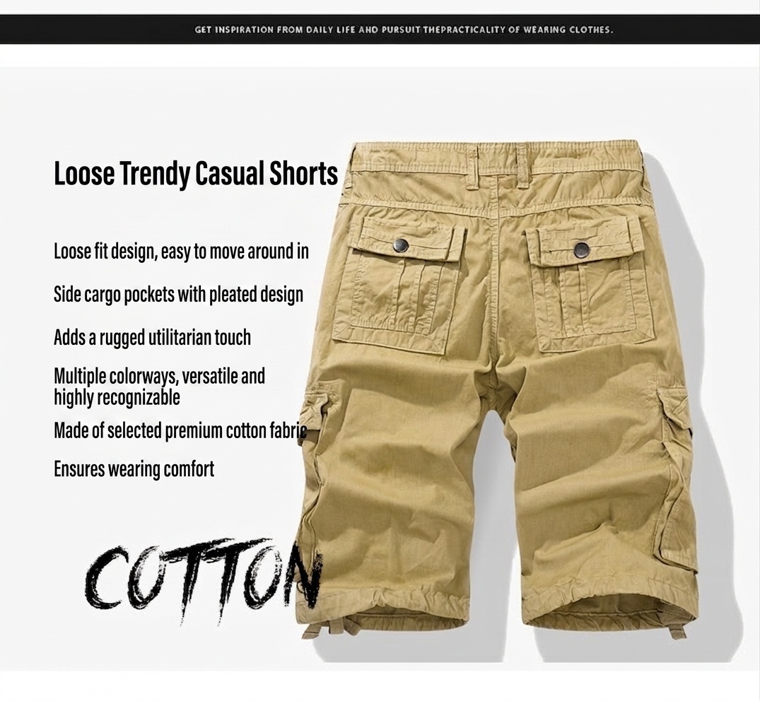 Pantalones cortos cargo casuales para hombre con múltiples bolsillos, ideales para actividades al aire libre.