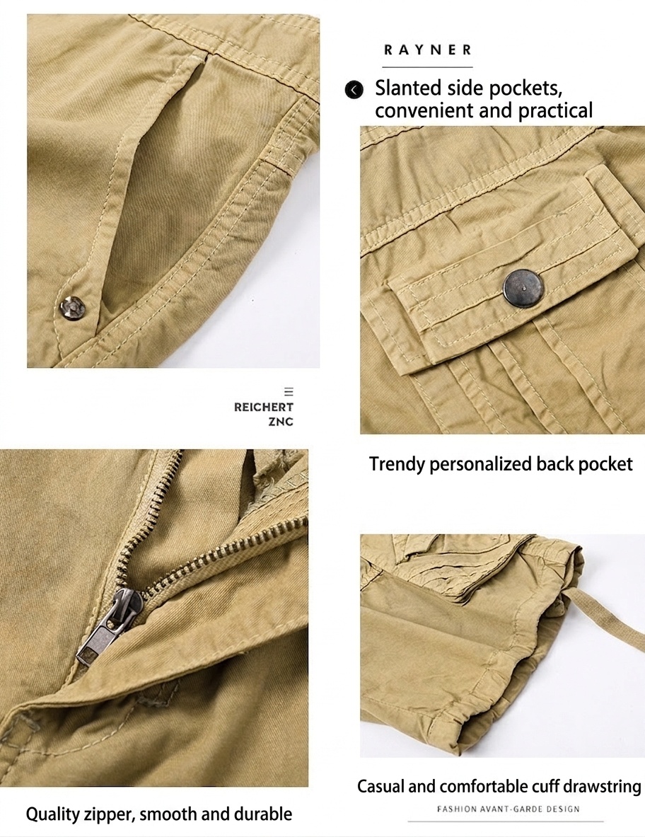 Pantalones cortos cargo casuales para hombre con múltiples bolsillos, ideales para actividades al aire libre.