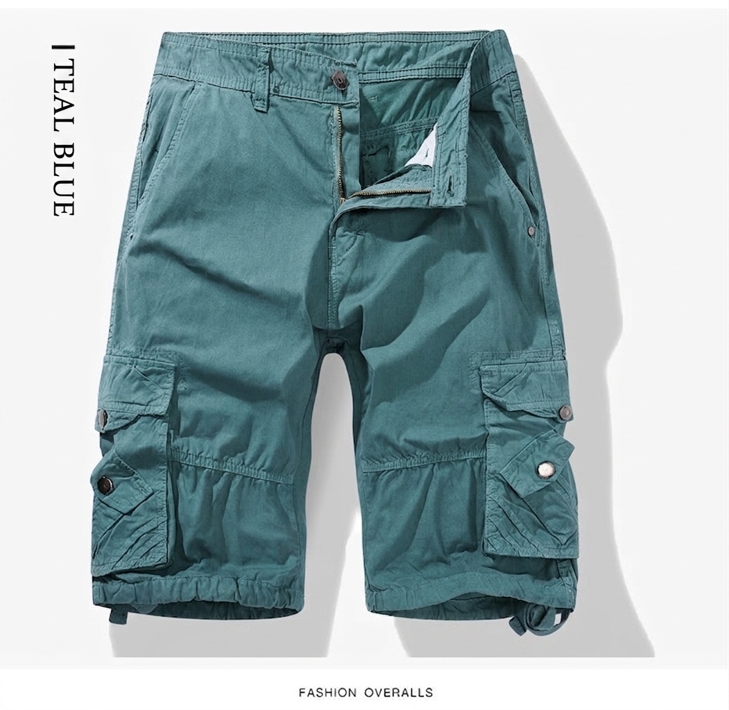 Pantalones cortos cargo casuales para hombre con múltiples bolsillos, ideales para actividades al aire libre.