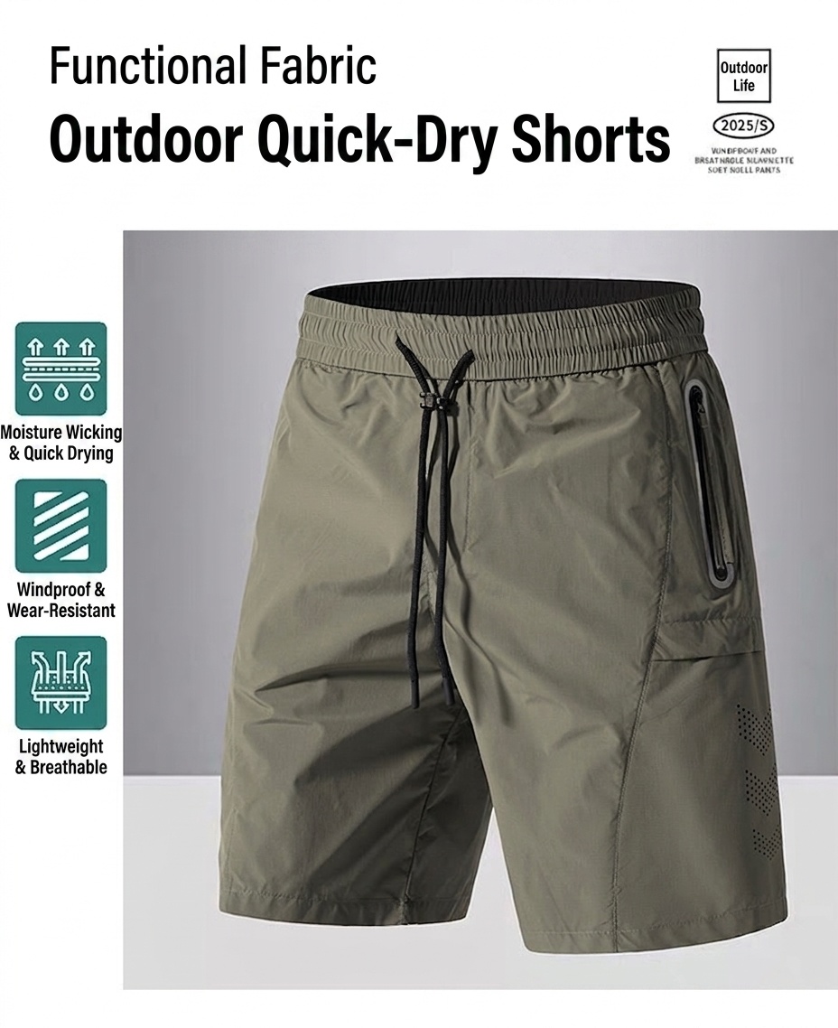 Pantalones cortos deportivos de secado rápido para hombre con bolsillos reflectantes termosellados.