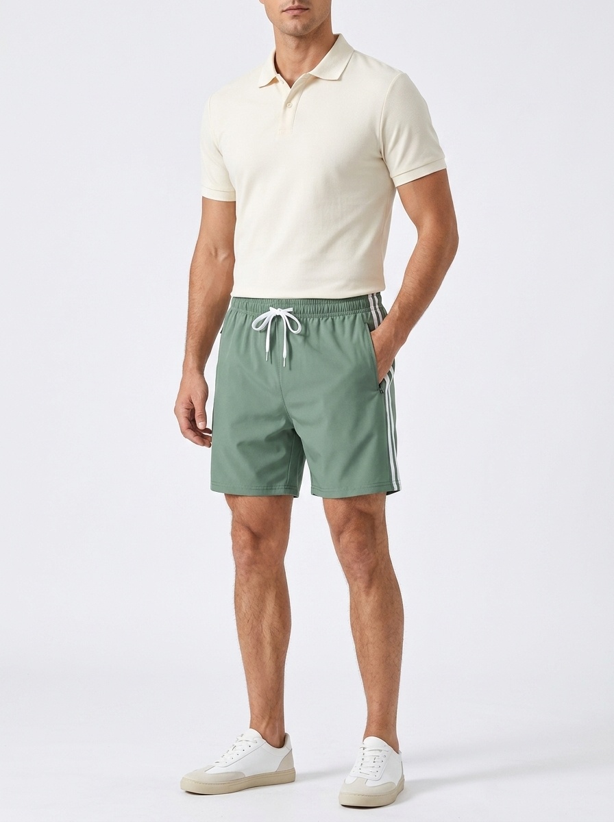 Pantalones cortos deportivos de hombre a rayas para gimnasio con bolsillos con cremallera.