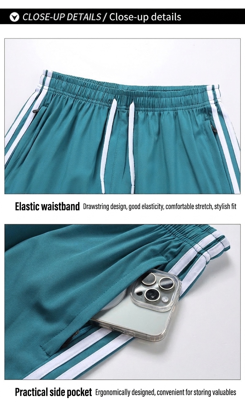 Pantalones cortos deportivos de hombre a rayas para gimnasio con bolsillos con cremallera.