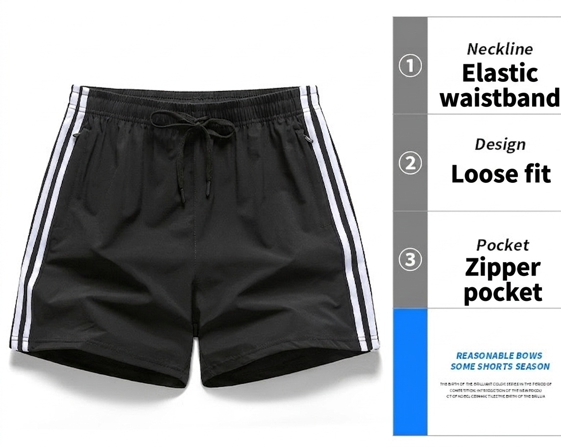 Pantalones cortos deportivos de hombre a rayas para gimnasio con bolsillos con cremallera.