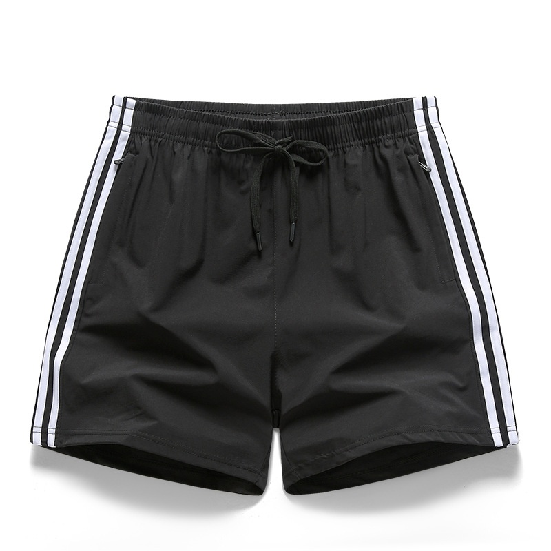 Pantalones cortos deportivos de hombre a rayas para gimnasio con bolsillos con cremallera.