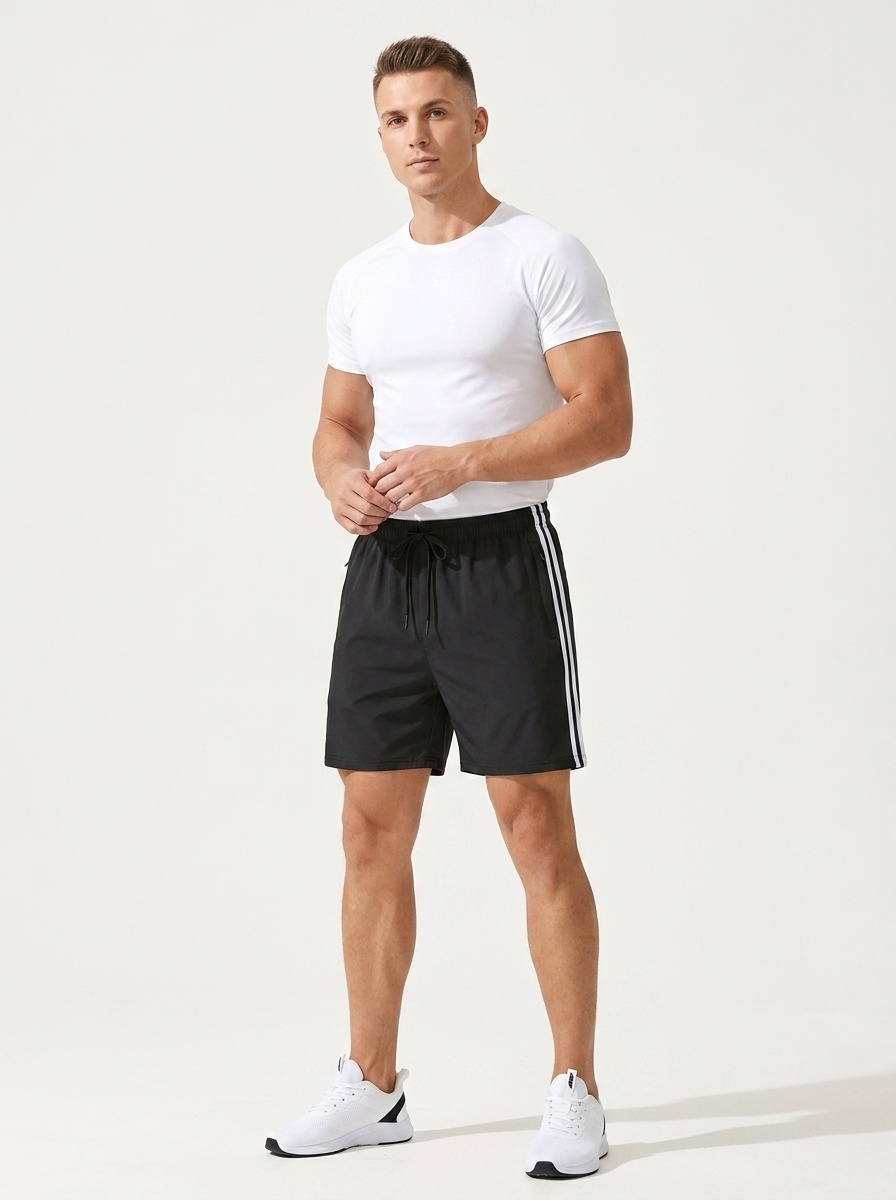 Pantalones cortos deportivos de hombre a rayas para gimnasio con bolsillos con cremallera.