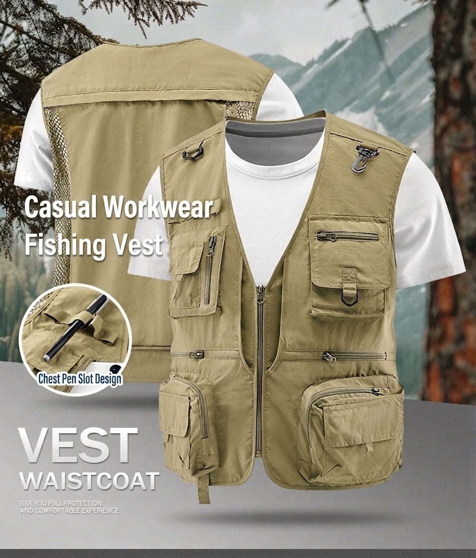 Gilet de pêche multipoches pour homme avec dos en filet