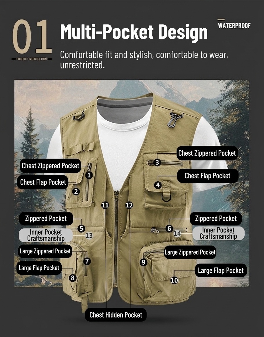Gilet de pêche multipoches pour homme avec dos en filet