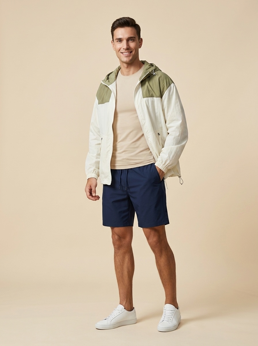 Chaqueta cortavientos ligera con capucha y bloques de color para hombre