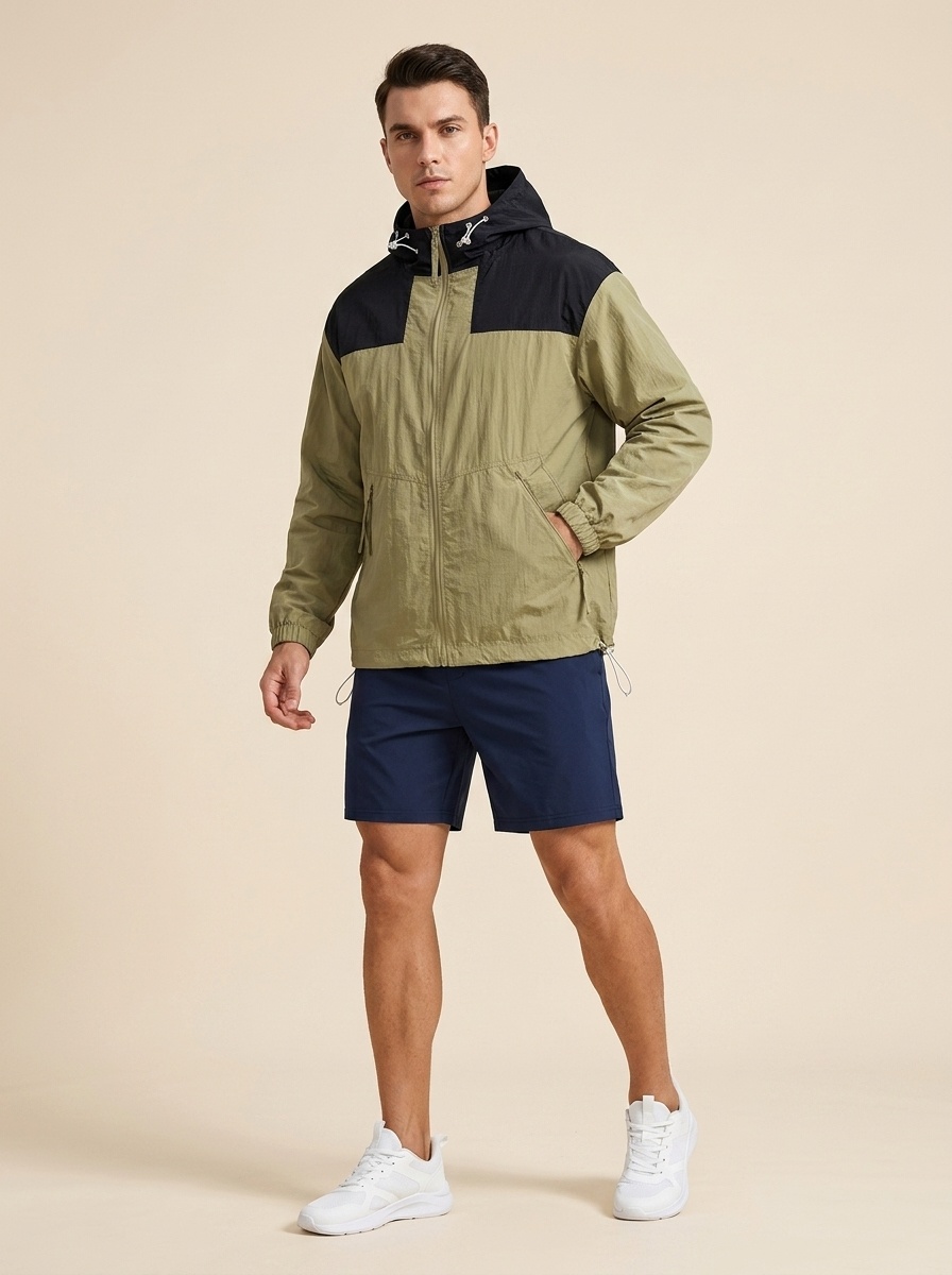 Chaqueta cortavientos ligera con capucha y bloques de color para hombre