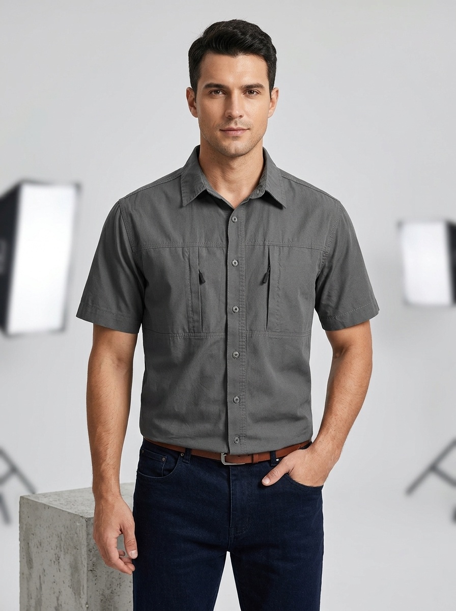 Men's Outdoor Tactical Short Sleeve Shirt with Hidden Chest Pockets