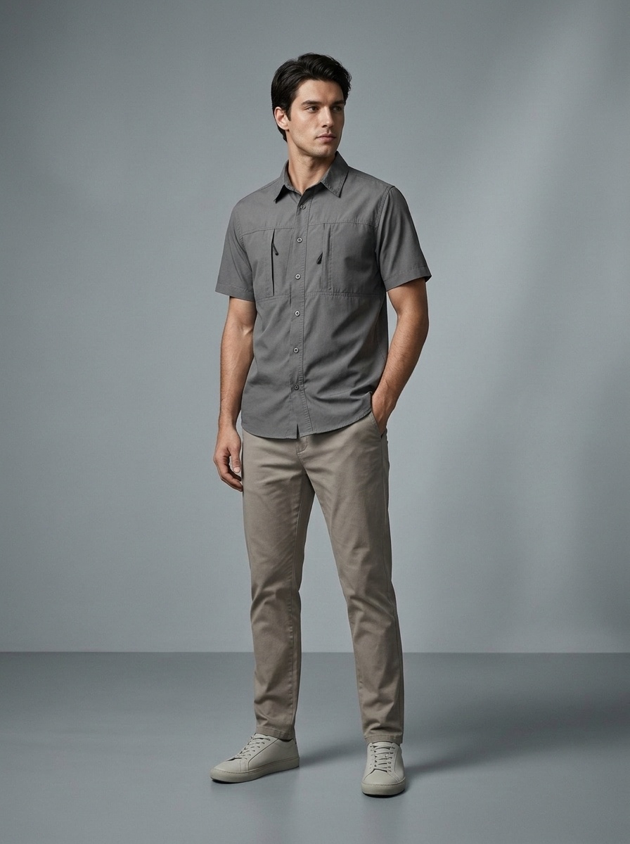 Men's Outdoor Tactical Short Sleeve Shirt with Hidden Chest Pockets