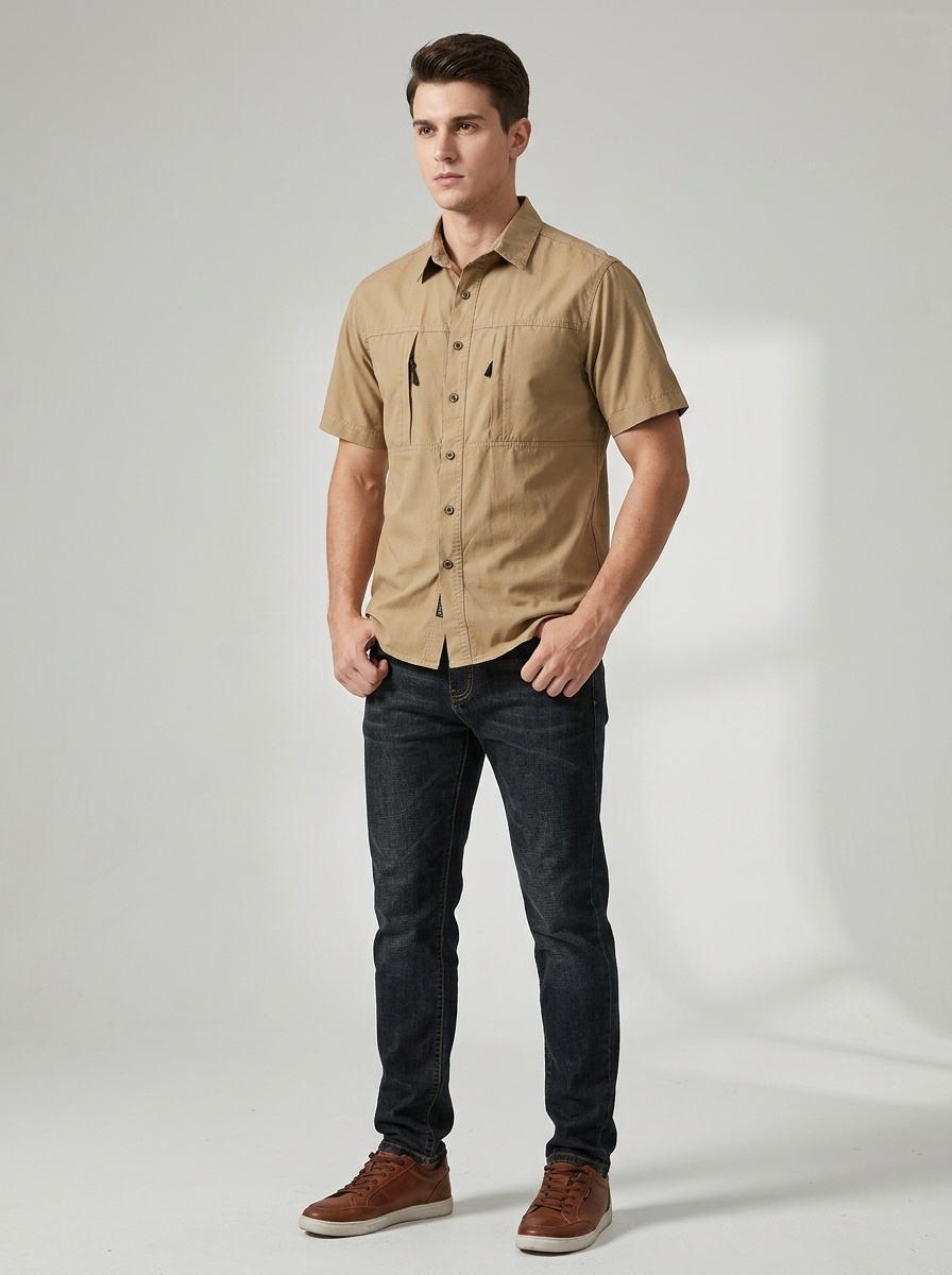 Men's Outdoor Tactical Short Sleeve Shirt with Hidden Chest Pockets