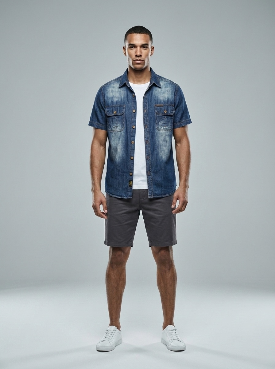 Men's Short Sleeve Denim Shirt - Casual Workwear Top
