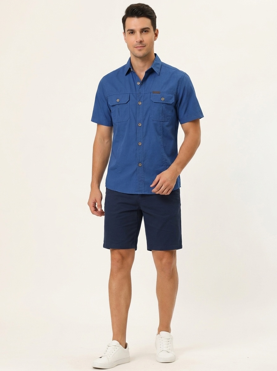 Camisa táctica informal de manga corta con botones para hombre, ideal para actividades al aire libre.