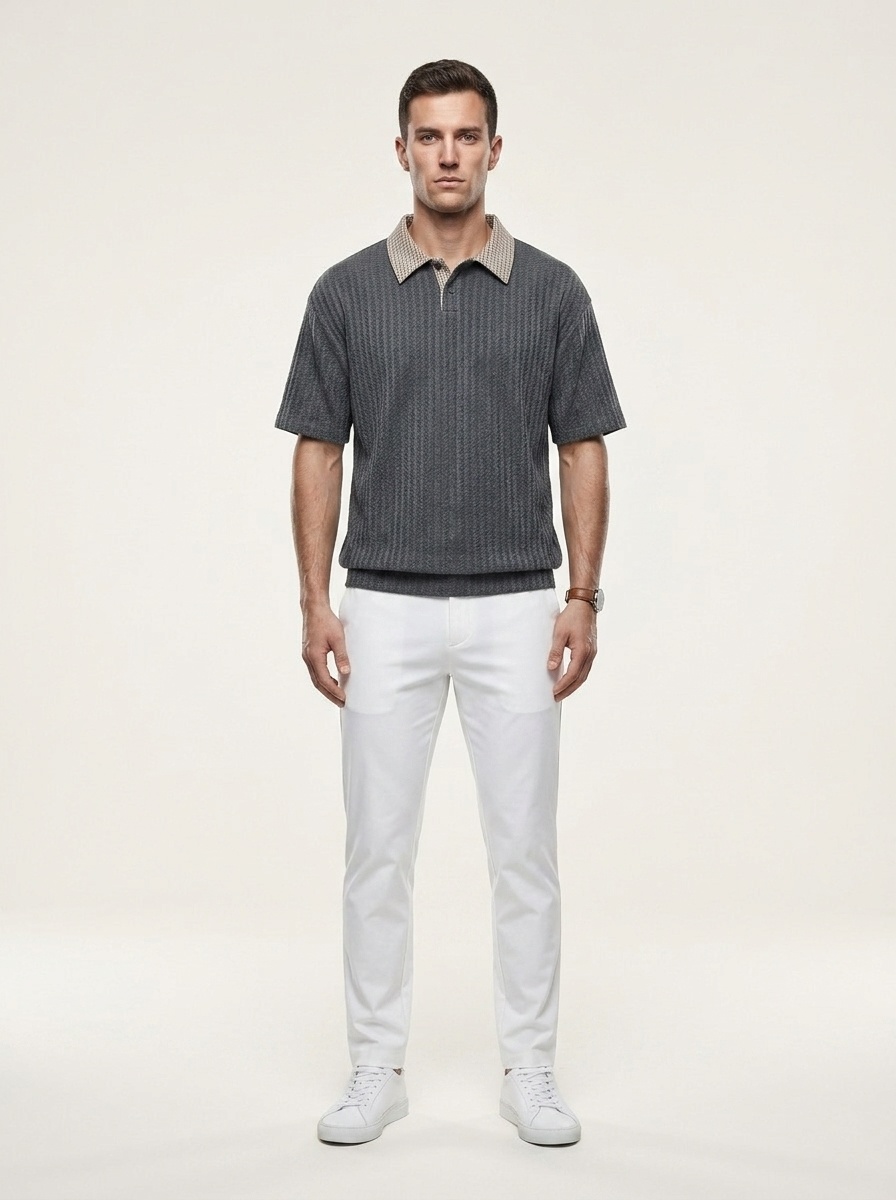 Polo informal texturizado para hombre con cuello a cuadros