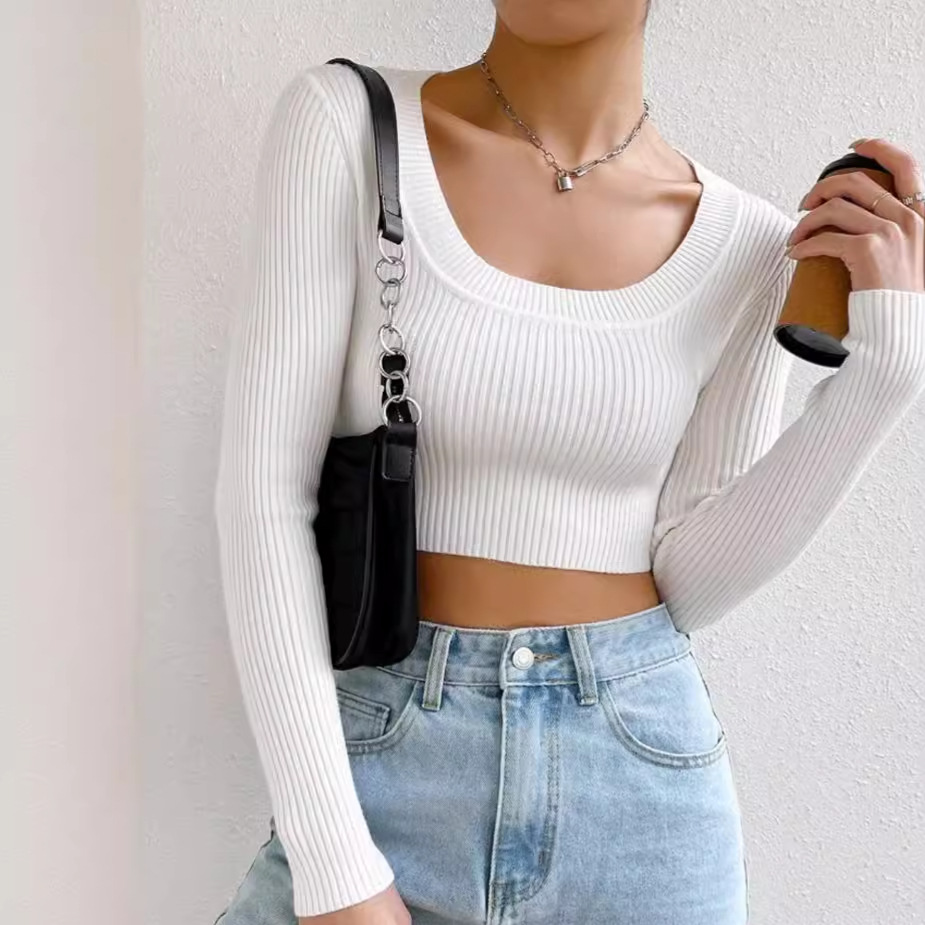 Women's Crewneck Knit Sweater Long Sleeve Cropped Top SSU-00109