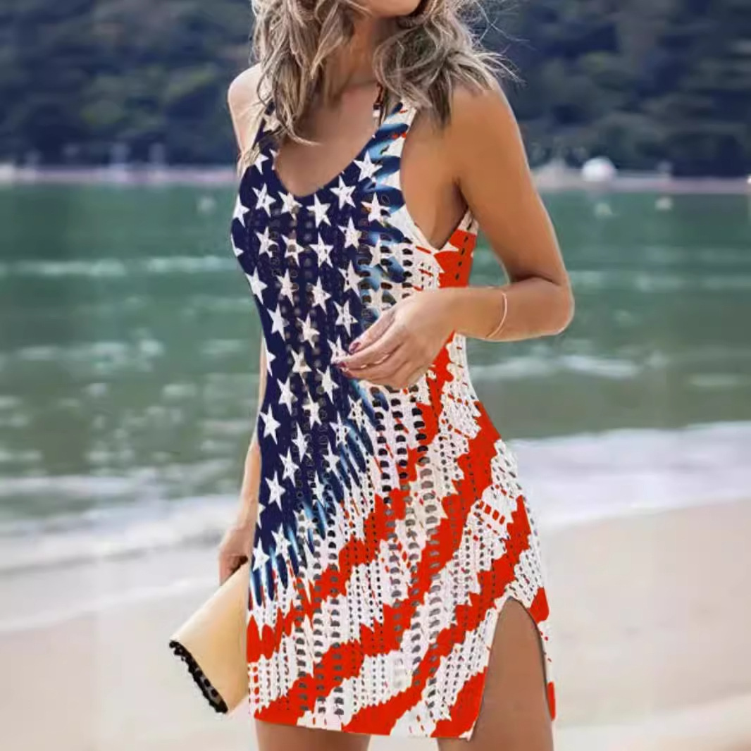 Sleeveless V Neck American Flag Tank Top Summer Beach