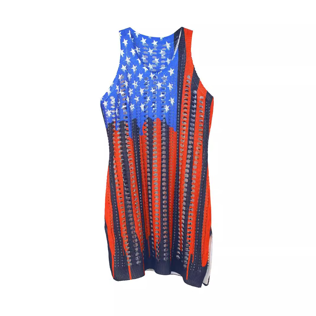 Knitted V-Neck American Flag Beach Sweater - Summer Spring
