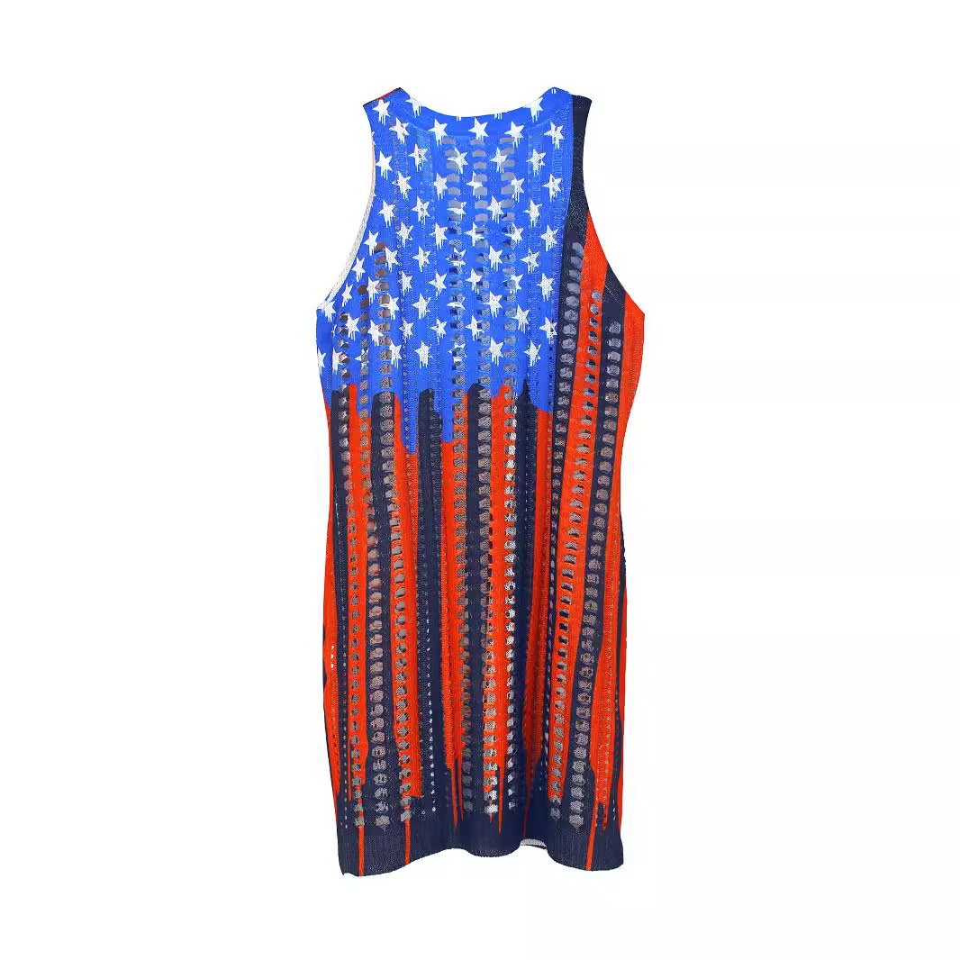 Knitted V-Neck American Flag Beach Sweater - Summer Spring