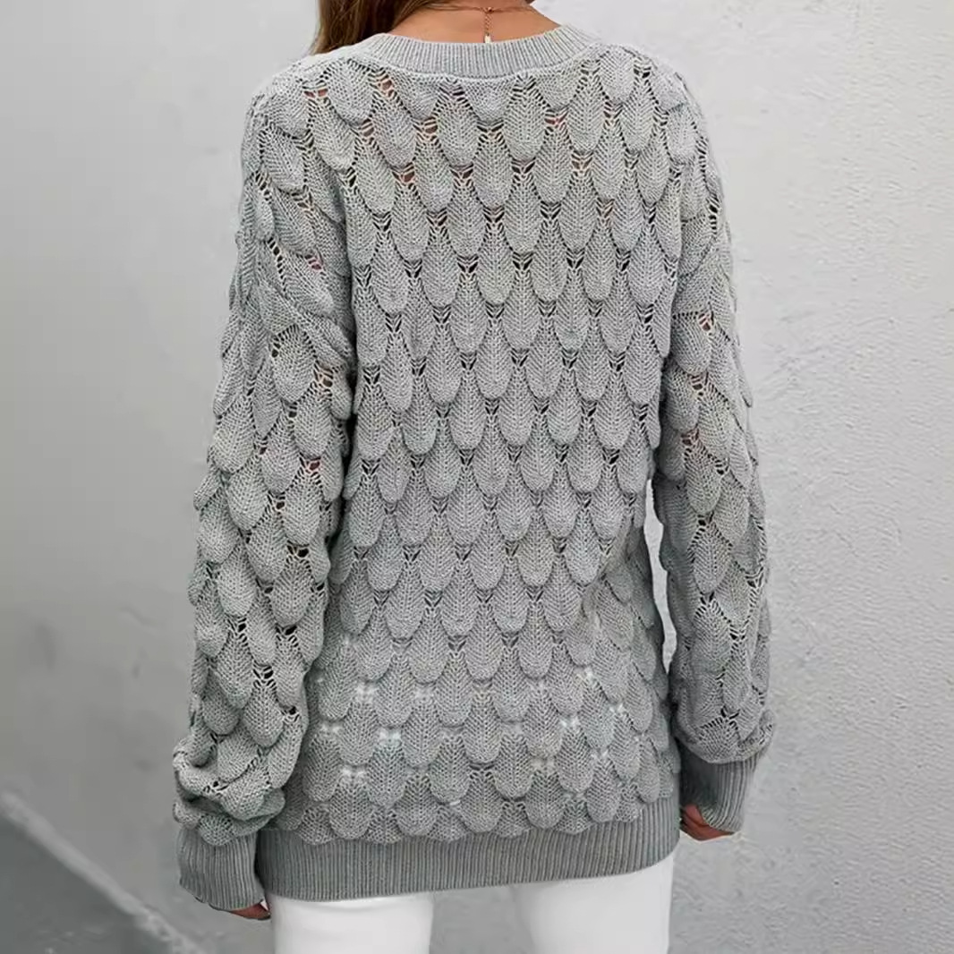 Women's V-Neck Knit Sweater Long Sleeve Hollow Out Pullover SSU-00104