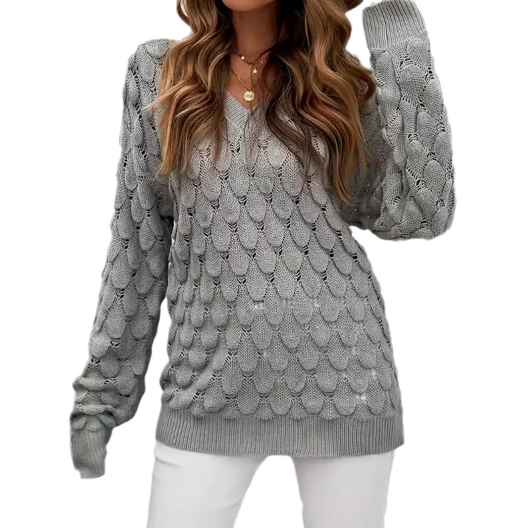 Women's V-Neck Knit Sweater Long Sleeve Hollow Out Pullover SSU-00104