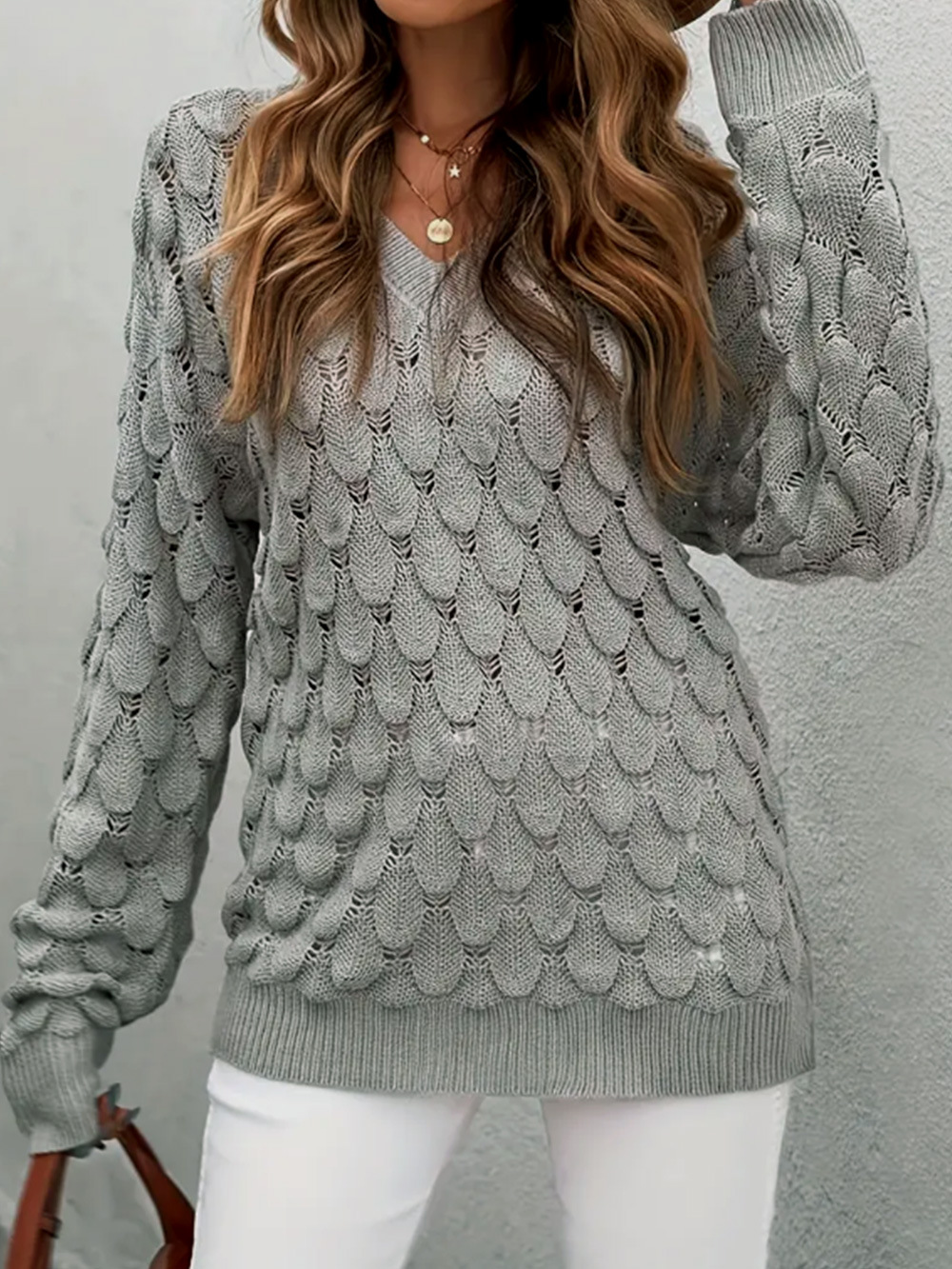 Women's V-Neck Knit Sweater Long Sleeve Hollow Out Pullover SSU-00104