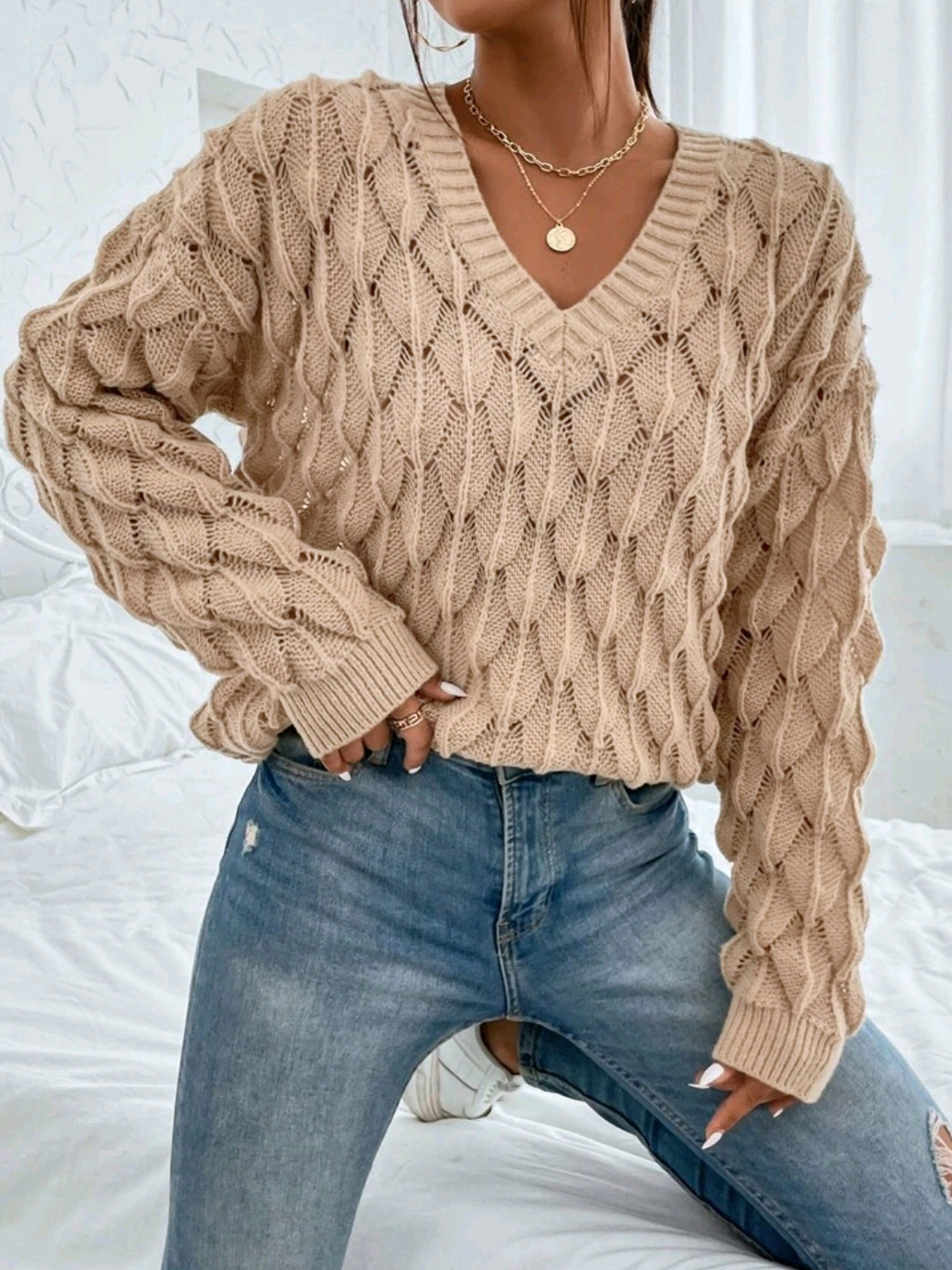 Women's V-Neck Knit Sweater Long Sleeve Pullover Autumn SSU-00106