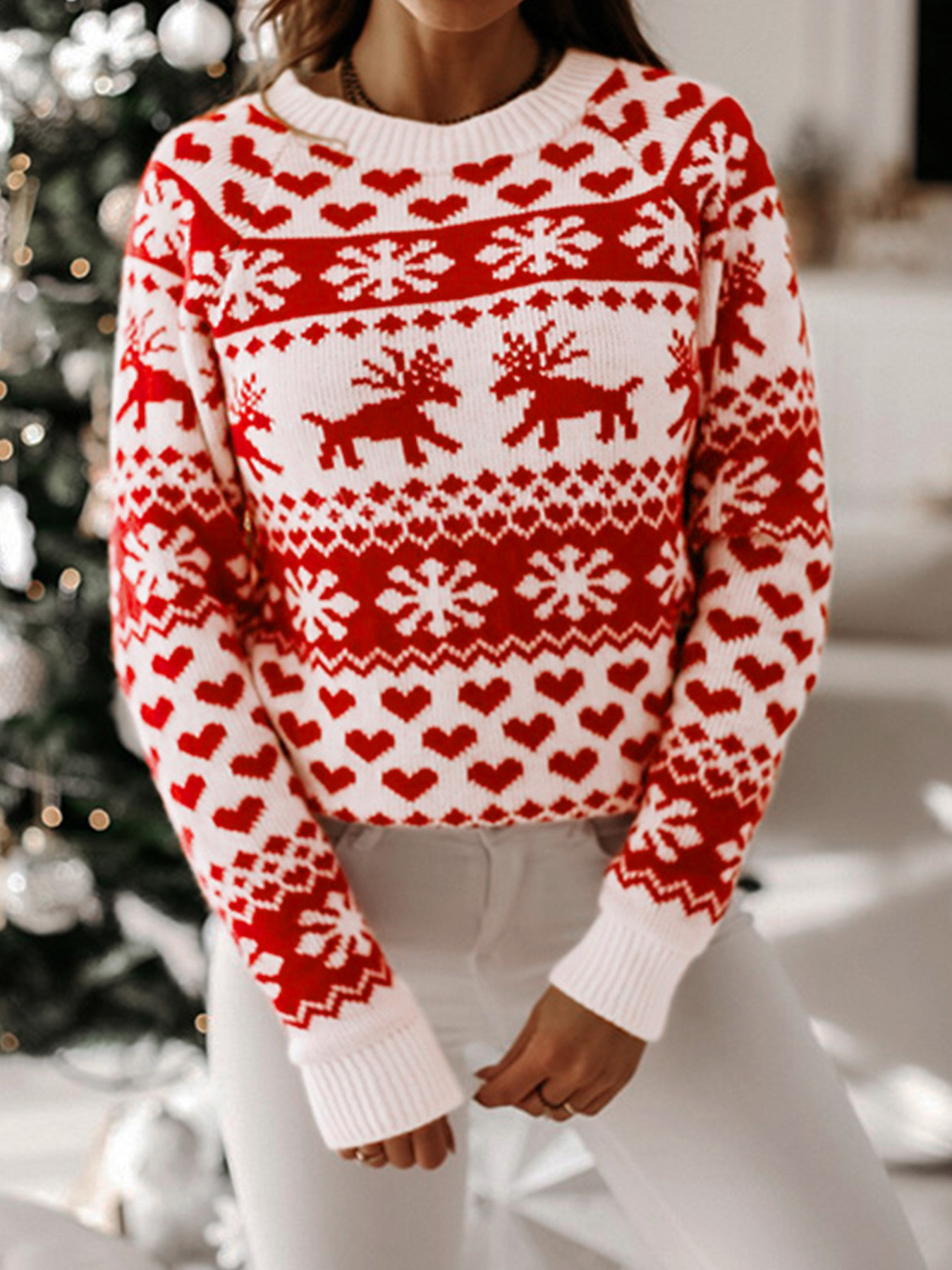 Women's Long Sleeve Crewneck Sweater Christmas Knit Top SSU-00111