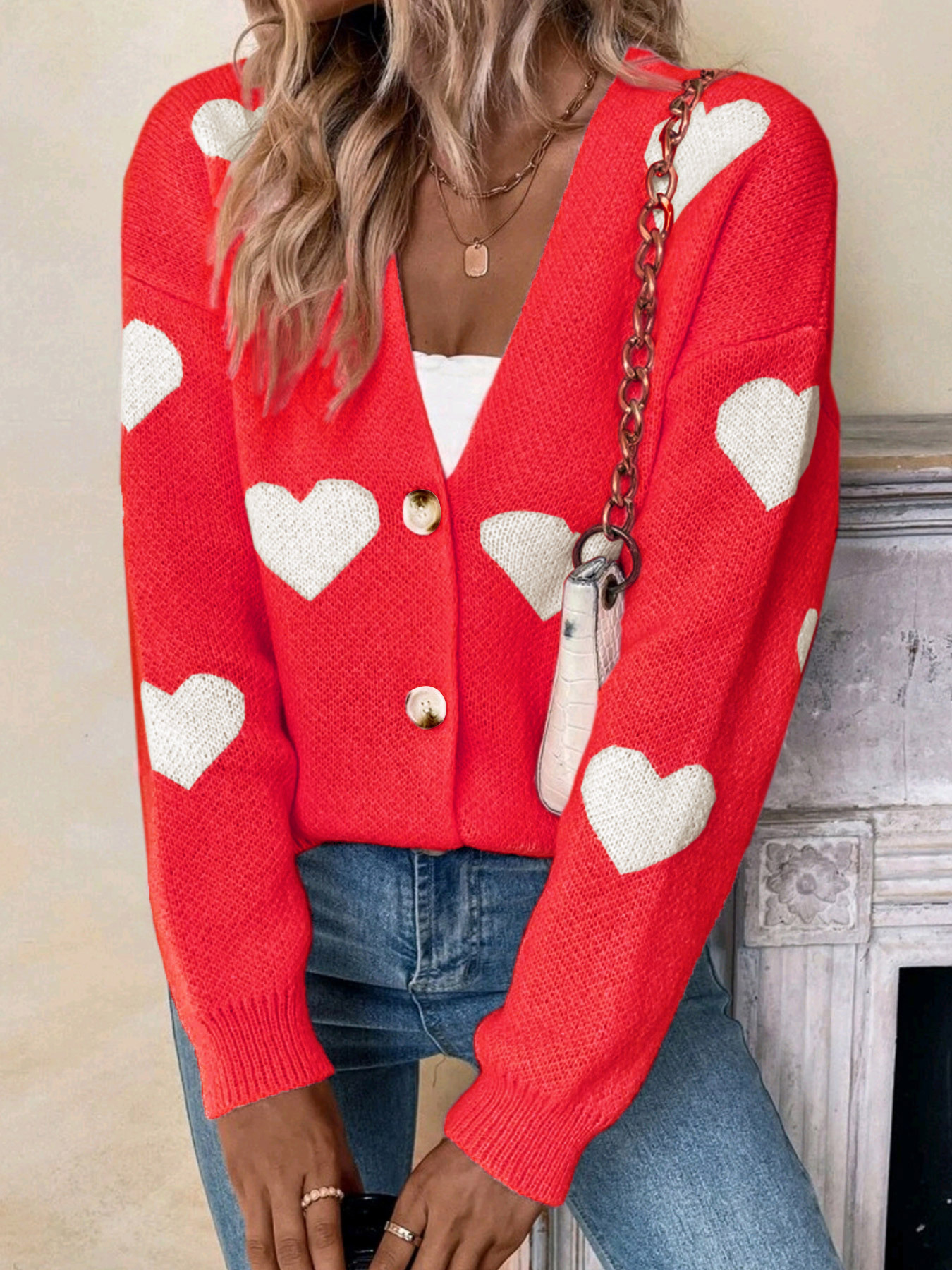 Women's Heart Knit Cardigan Sweater - Long Sleeve Valentine's Day