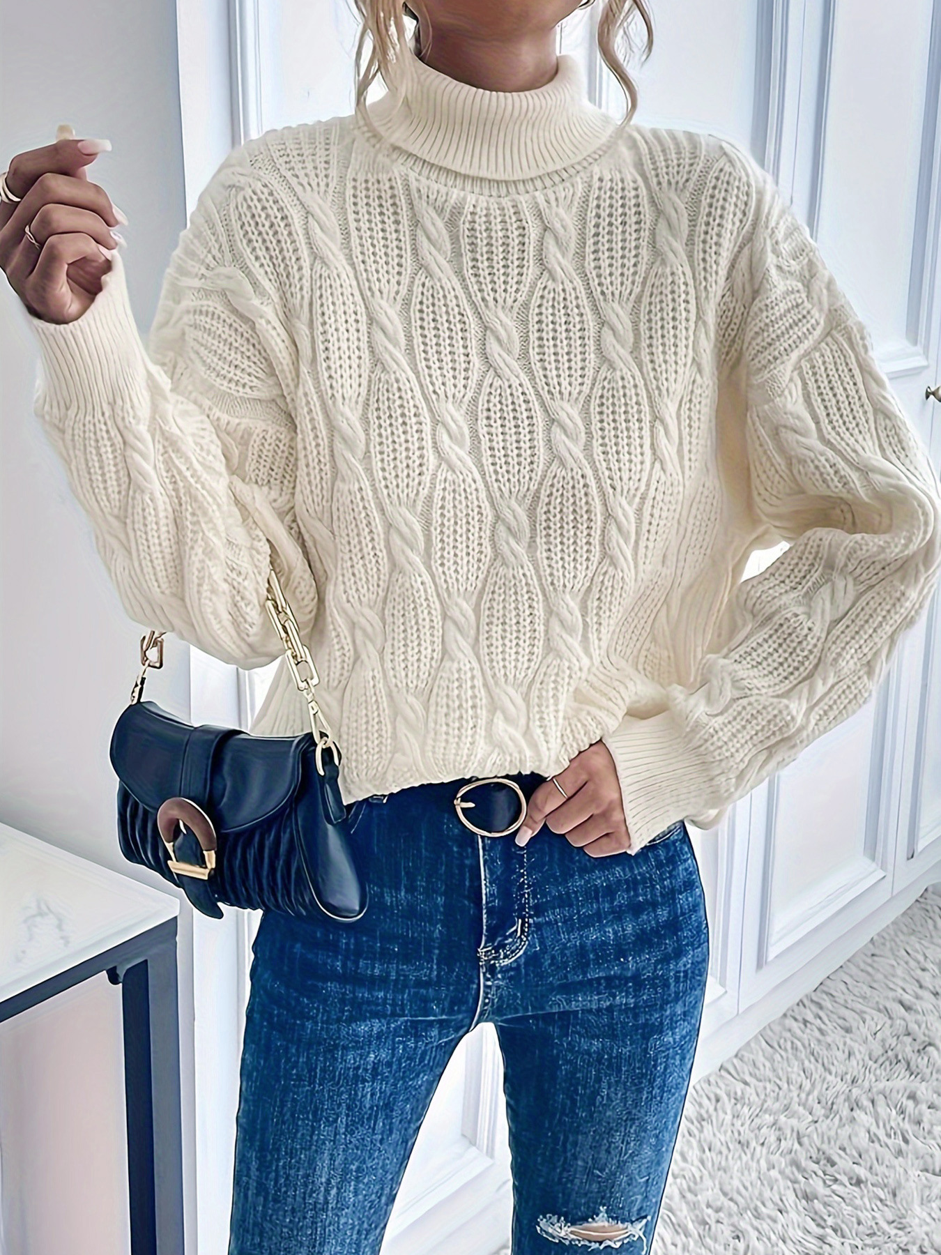 Cable Knit Sweater Women's Chunky Turtleneck Long Sleeve Autumn Top SSU-00112