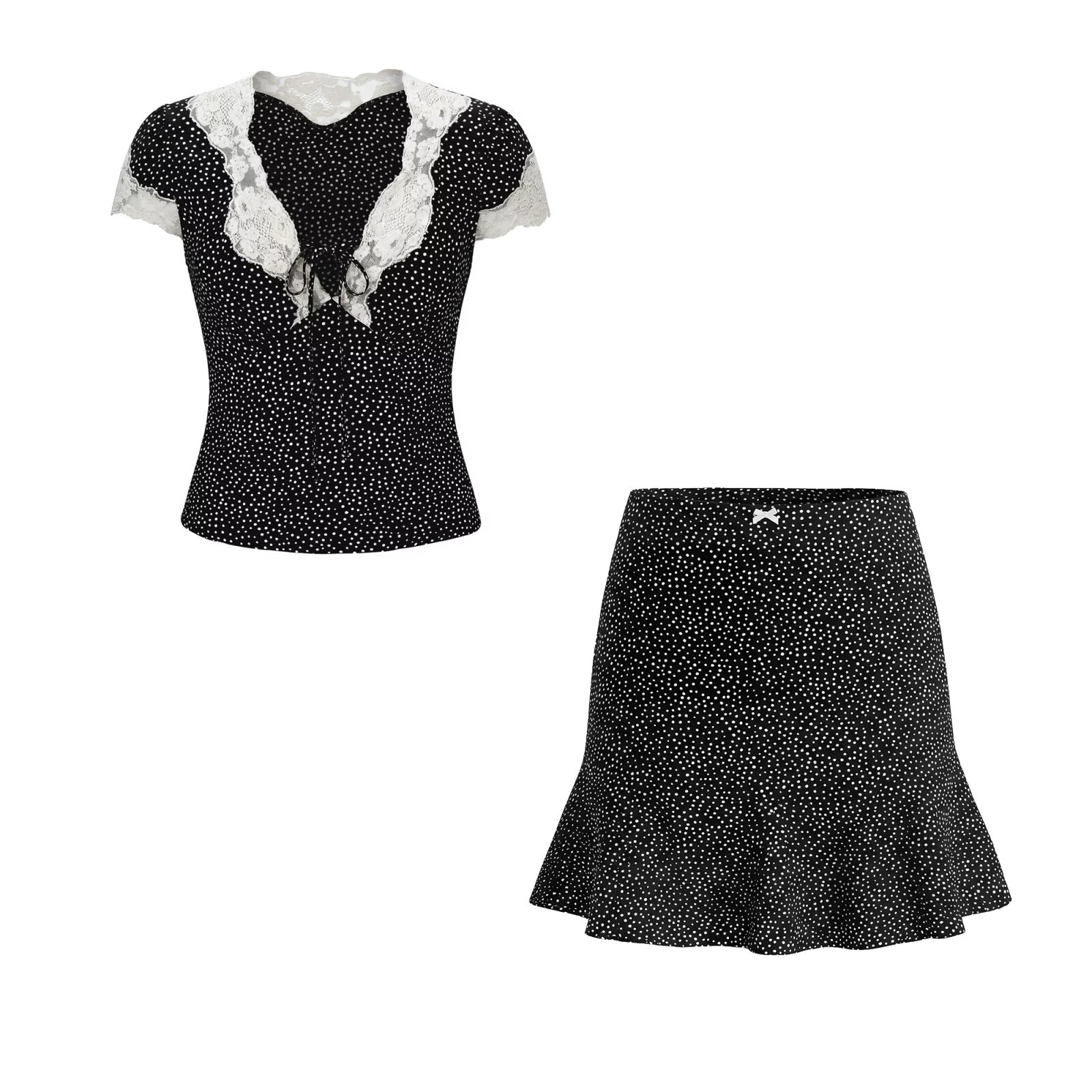 Vintage Polka Dot Lace Top & Skirt Set KUN-00026