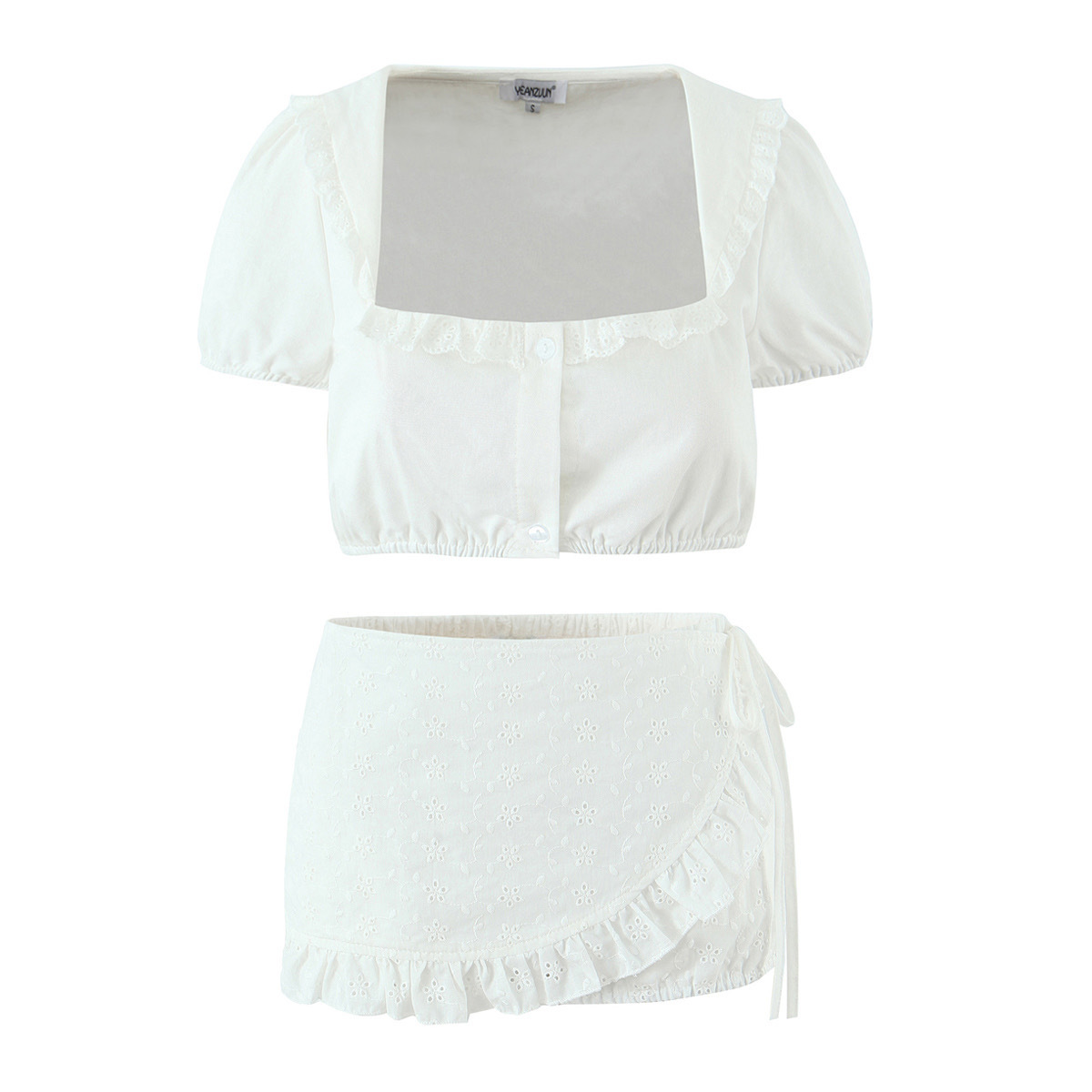 Ensemble haut et jupe style cottagecore avec bordure en dentelle KUN-00028