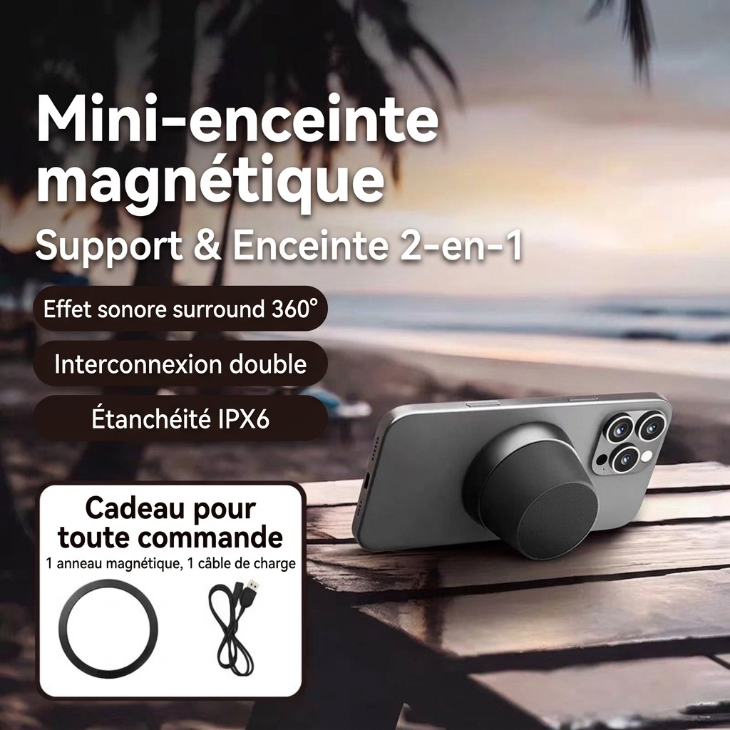 Enceinte magnétique sans fil Bluetooth 5.3 avec support pour téléphone, haut-parleur de 40 mm, son surround à 360°, appairage stéréo TWS, enceinte portable étanche IPX6