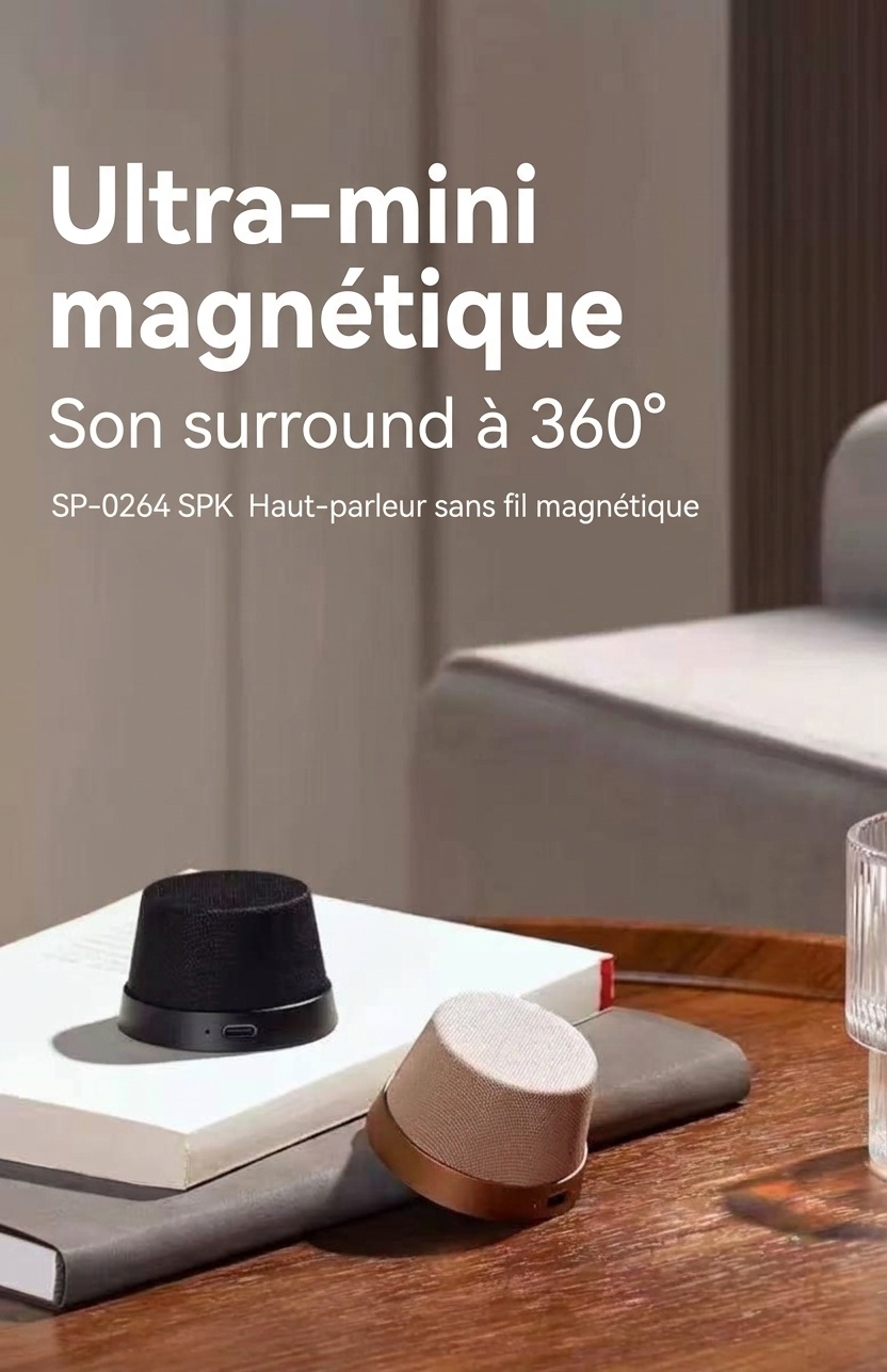 Enceinte magnétique sans fil Bluetooth 5.3 avec support pour téléphone, haut-parleur de 40 mm, son surround à 360°, appairage stéréo TWS, enceinte portable étanche IPX6