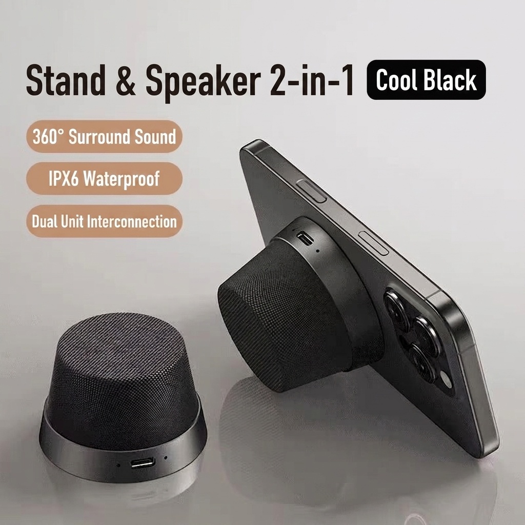 Altavoz inalámbrico magnético Bluetooth 5.3 con soporte para teléfono, controlador de 40 mm, sonido envolvente de 360°, emparejamiento estéreo TWS, altavoz portátil resistente al agua IPX6.
