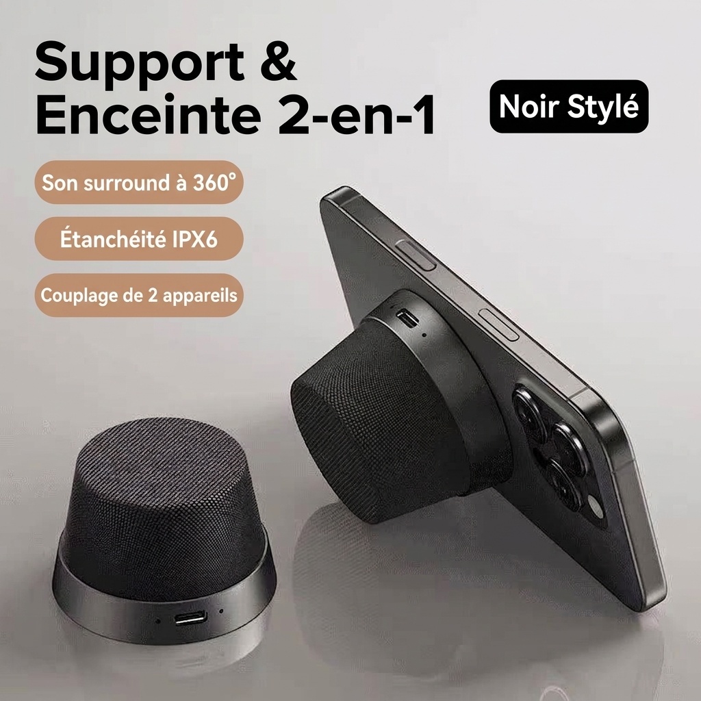 Enceinte magnétique sans fil Bluetooth 5.3 avec support pour téléphone, haut-parleur de 40 mm, son surround à 360°, appairage stéréo TWS, enceinte portable étanche IPX6