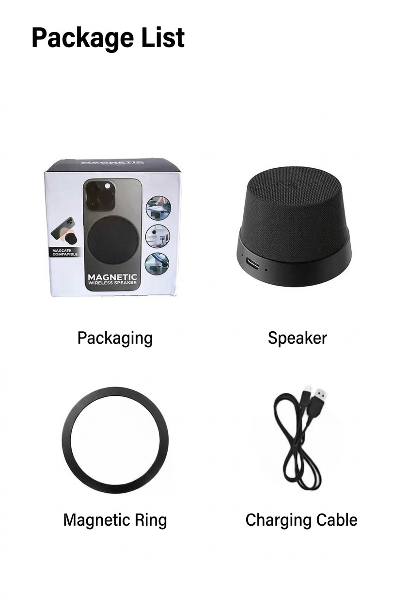 Altavoz inalámbrico magnético Bluetooth 5.3 con soporte para teléfono, controlador de 40 mm, sonido envolvente de 360°, emparejamiento estéreo TWS, altavoz portátil resistente al agua IPX6.