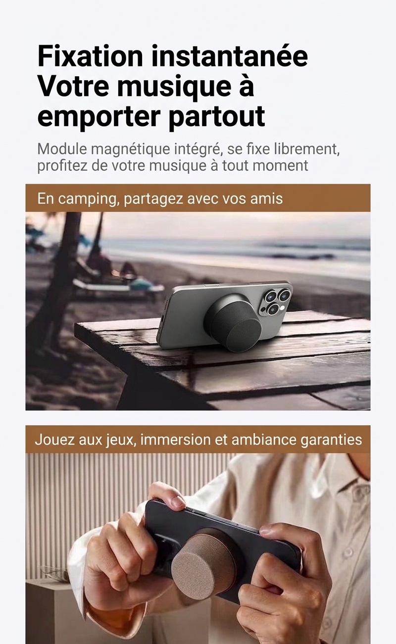 Enceinte magnétique sans fil Bluetooth 5.3 avec support pour téléphone, haut-parleur de 40 mm, son surround à 360°, appairage stéréo TWS, enceinte portable étanche IPX6