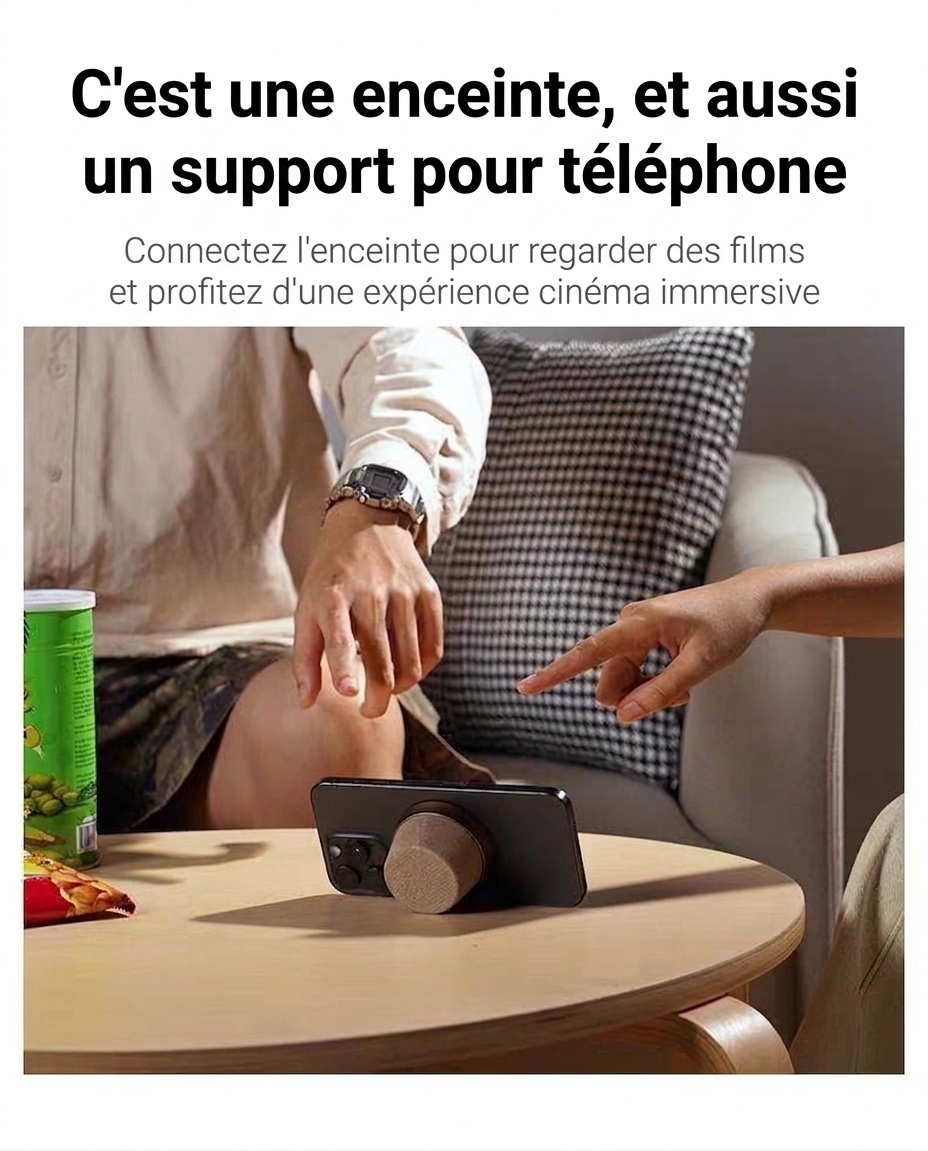 Enceinte magnétique sans fil Bluetooth 5.3 avec support pour téléphone, haut-parleur de 40 mm, son surround à 360°, appairage stéréo TWS, enceinte portable étanche IPX6