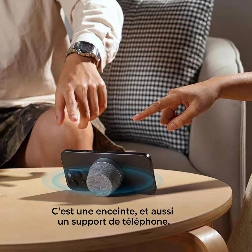 Enceinte magnétique sans fil Bluetooth 5.3 avec support pour téléphone, haut-parleur de 40 mm, son surround à 360°, appairage stéréo TWS, enceinte portable étanche IPX6