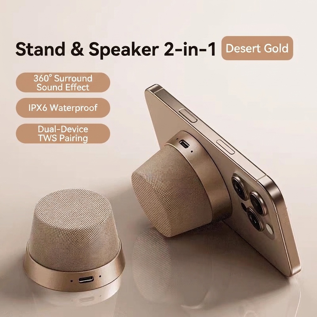 Altavoz inalámbrico magnético Bluetooth 5.3 con soporte para teléfono, controlador de 40 mm, sonido envolvente de 360°, emparejamiento estéreo TWS, altavoz portátil resistente al agua IPX6.