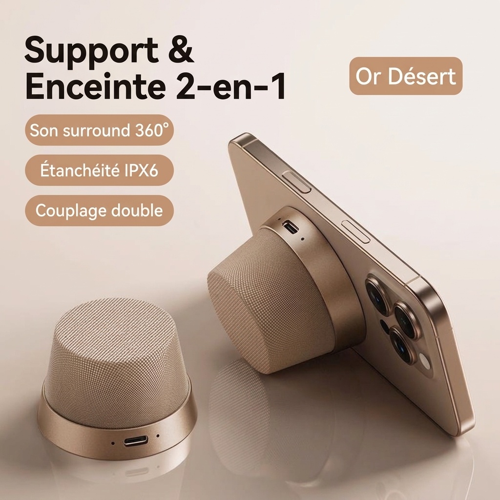 Enceinte magnétique sans fil Bluetooth 5.3 avec support pour téléphone, haut-parleur de 40 mm, son surround à 360°, appairage stéréo TWS, enceinte portable étanche IPX6