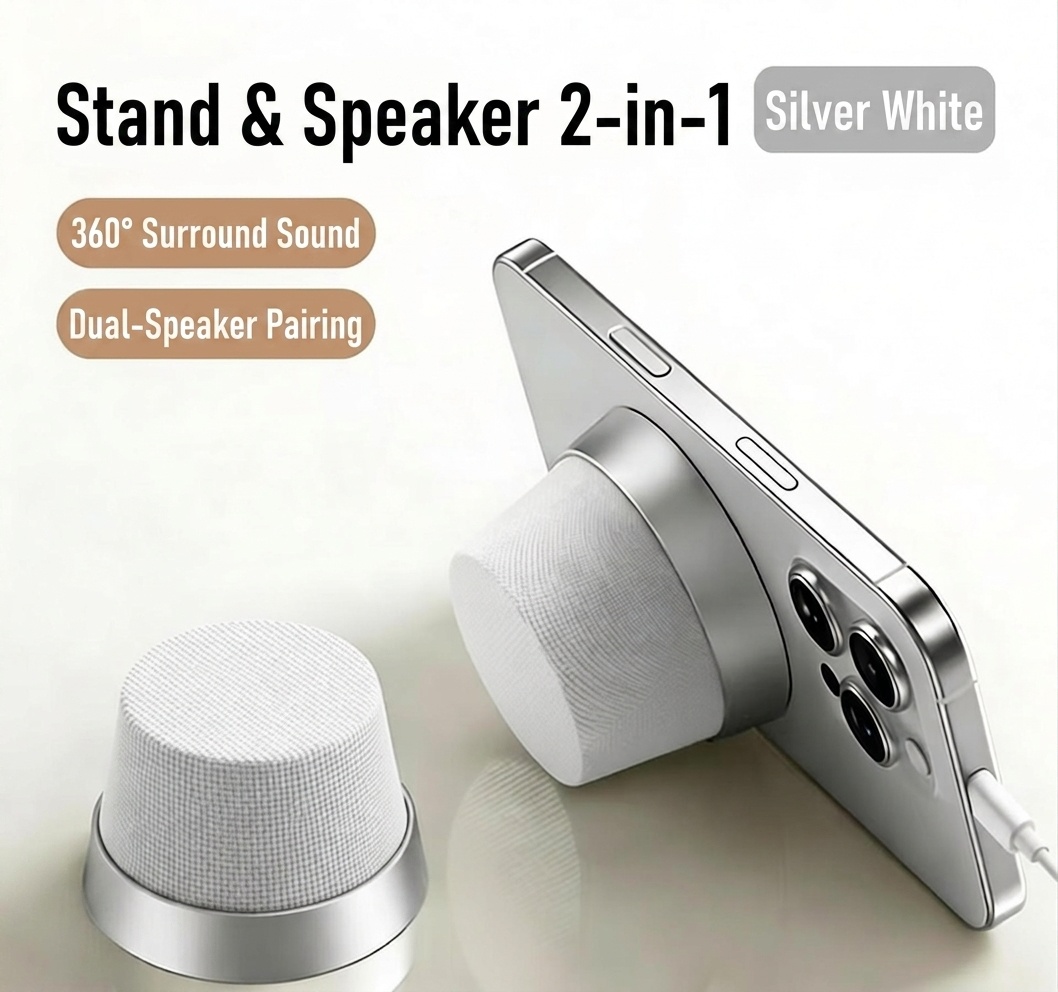 Altavoz inalámbrico magnético Bluetooth 5.3 con soporte para teléfono, controlador de 40 mm, sonido envolvente de 360°, emparejamiento estéreo TWS, altavoz portátil resistente al agua IPX6.