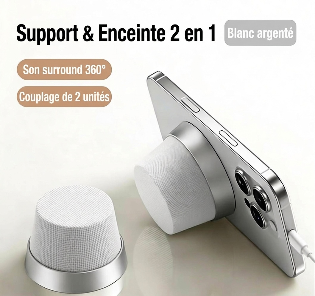 Enceinte magnétique sans fil Bluetooth 5.3 avec support pour téléphone, haut-parleur de 40 mm, son surround à 360°, appairage stéréo TWS, enceinte portable étanche IPX6