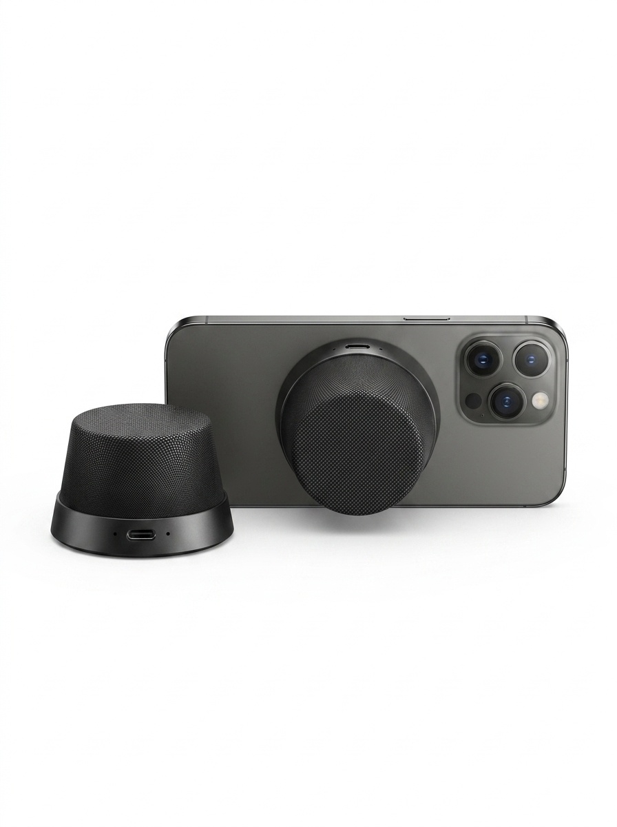 Altavoz inalámbrico magnético Bluetooth 5.3 con soporte para teléfono, controlador de 40 mm, sonido envolvente de 360°, emparejamiento estéreo TWS, altavoz portátil resistente al agua IPX6.