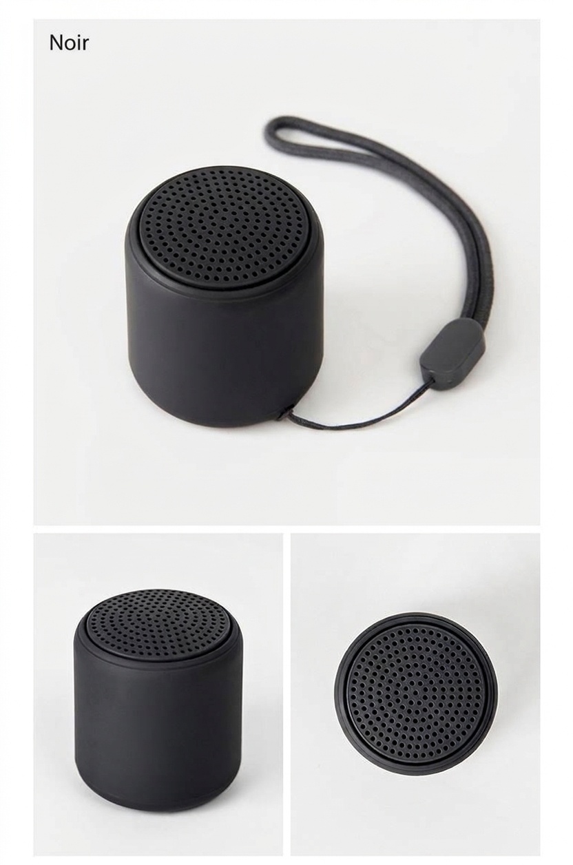 Mini enceinte portable Bluetooth 5.3 avec basses profondes, autonomie de 2 à 10 heures, design léger et dragonne pour une utilisation nomade.
