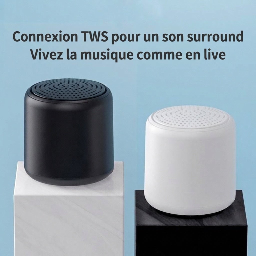 Mini enceinte portable Bluetooth 5.3 avec basses profondes, autonomie de 2 à 10 heures, design léger et dragonne pour une utilisation nomade.