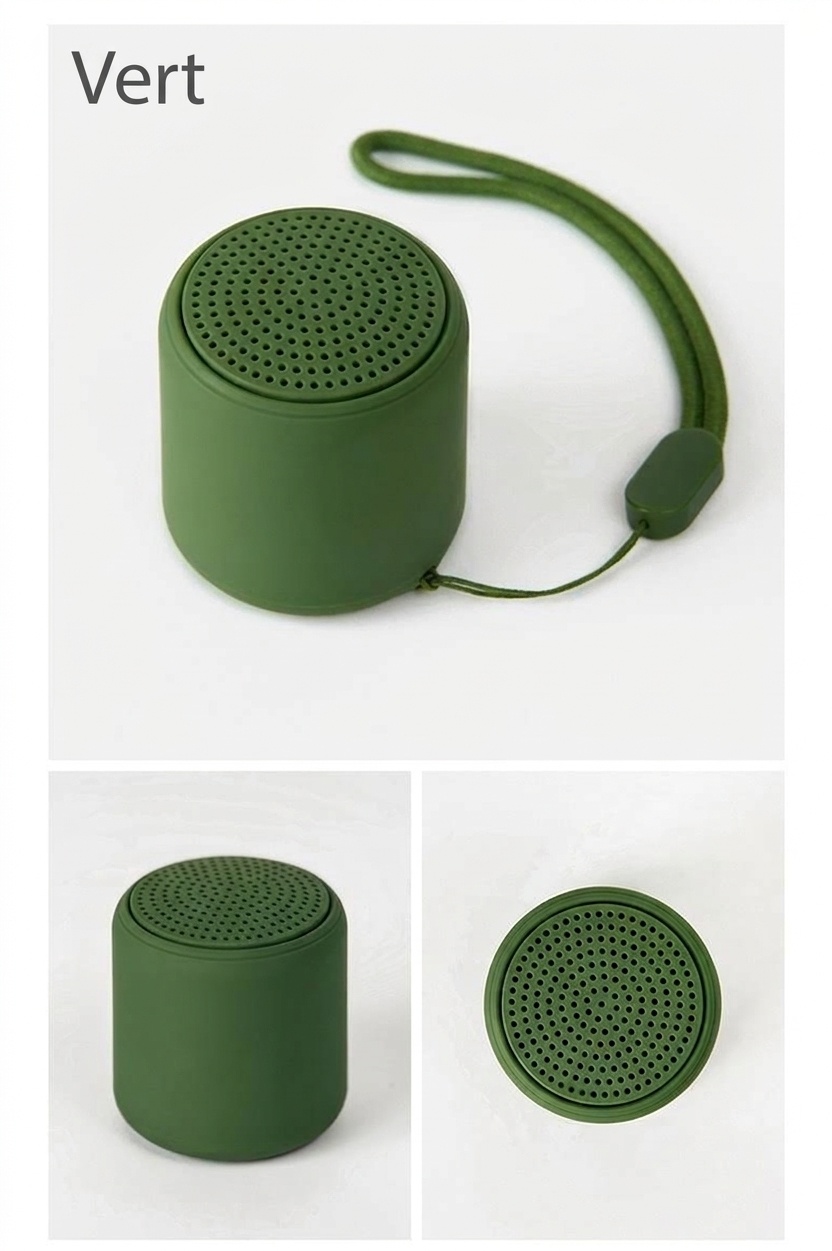 Mini enceinte portable Bluetooth 5.3 avec basses profondes, autonomie de 2 à 10 heures, design léger et dragonne pour une utilisation nomade.