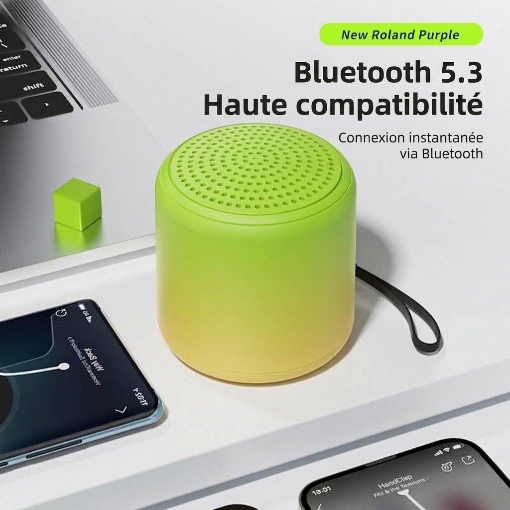 Mini enceinte portable Bluetooth 5.3 avec basses profondes, autonomie de 2 à 10 heures, design léger et dragonne pour une utilisation nomade.